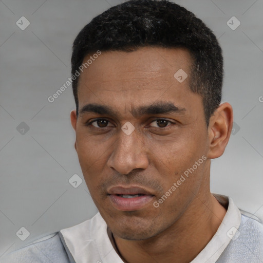Neutral black young-adult male with short  black hair and brown eyes
