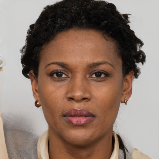 Neutral black adult female with short  brown hair and brown eyes