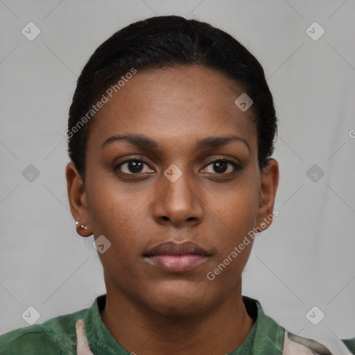 Neutral black young-adult female with short  black hair and brown eyes