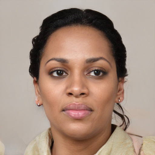 Neutral latino young-adult female with short  black hair and brown eyes