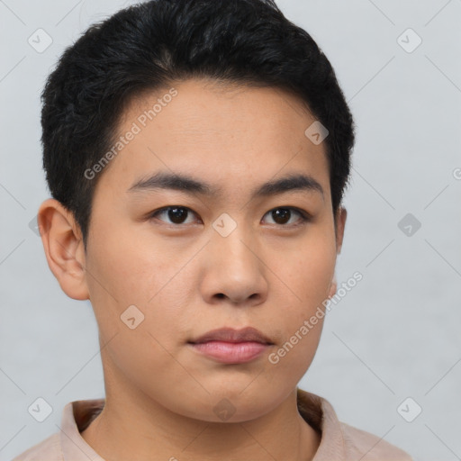 Neutral asian young-adult male with short  brown hair and brown eyes