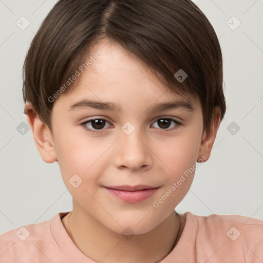 Joyful white child female with short  brown hair and brown eyes