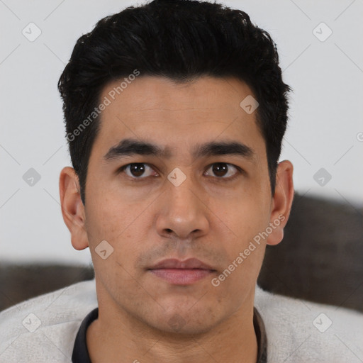 Neutral latino young-adult male with short  black hair and brown eyes