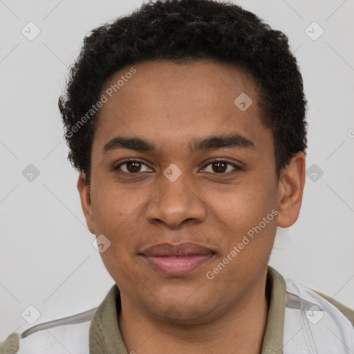 Joyful black young-adult male with short  brown hair and brown eyes