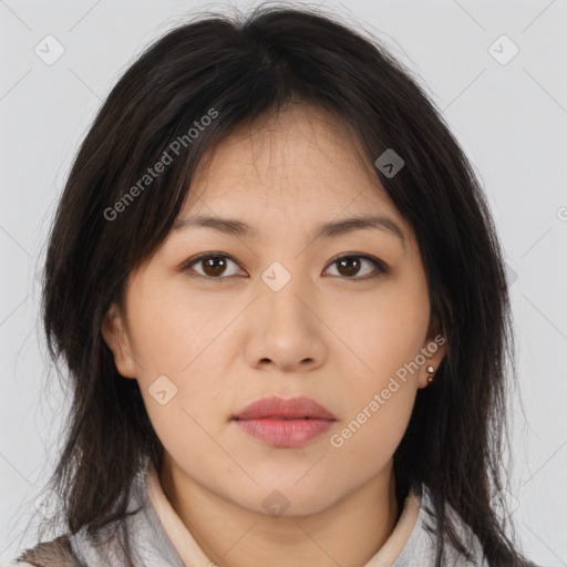 Neutral asian young-adult female with medium  brown hair and brown eyes