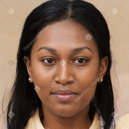 Joyful latino young-adult female with long  brown hair and brown eyes