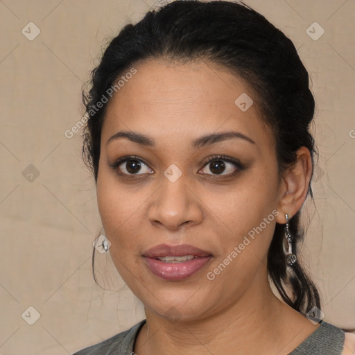 Joyful latino young-adult female with medium  black hair and brown eyes