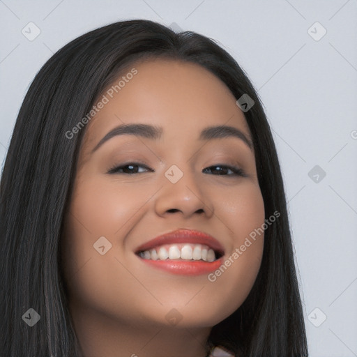 Joyful latino young-adult female with long  black hair and brown eyes