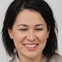 Joyful white adult female with medium  brown hair and brown eyes