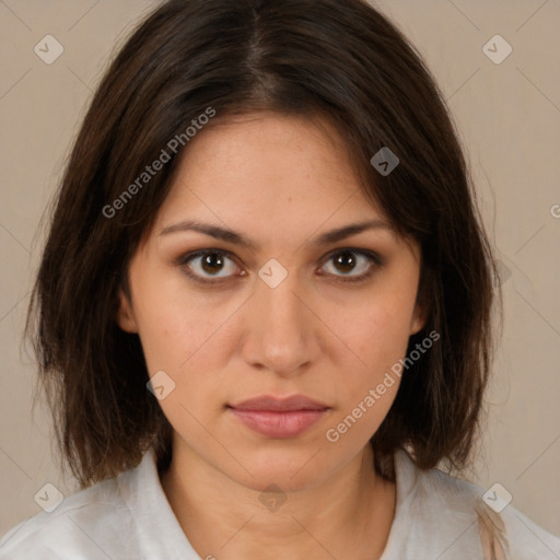 Neutral white young-adult female with medium  brown hair and brown eyes