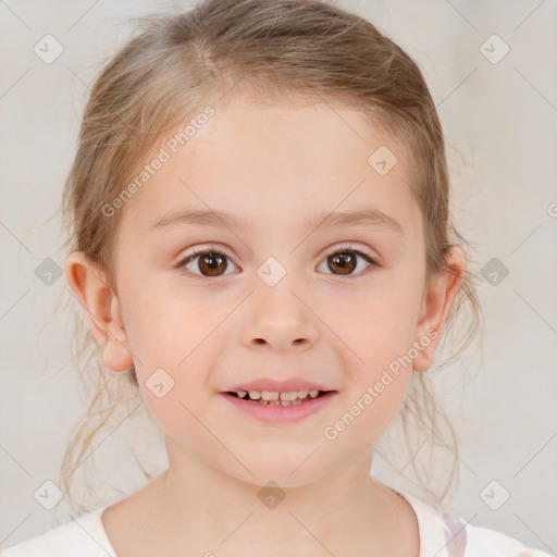 Joyful white child female with medium  brown hair and brown eyes