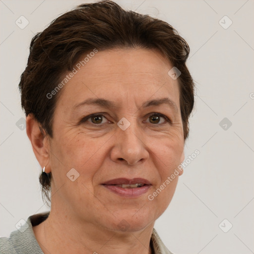 Joyful white adult female with short  brown hair and grey eyes