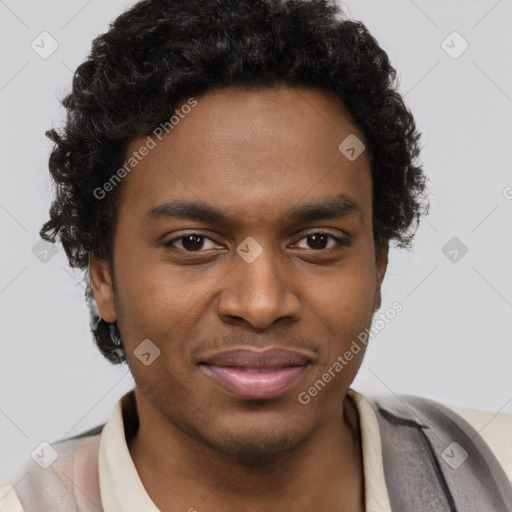 Joyful black young-adult male with short  brown hair and brown eyes