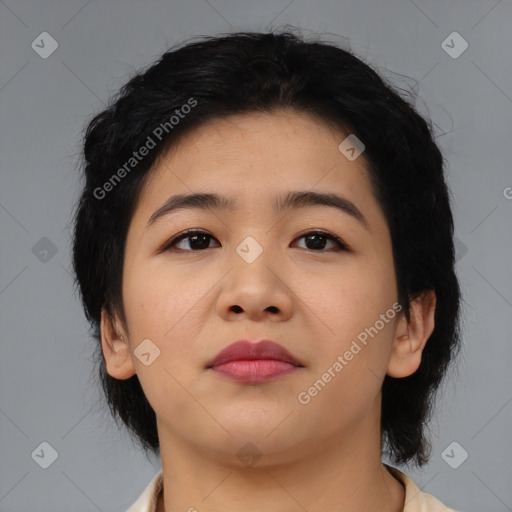 Neutral asian young-adult female with medium  black hair and brown eyes