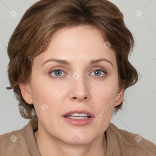 Joyful white young-adult female with medium  brown hair and blue eyes