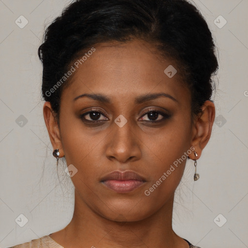 Neutral black young-adult female with short  brown hair and brown eyes