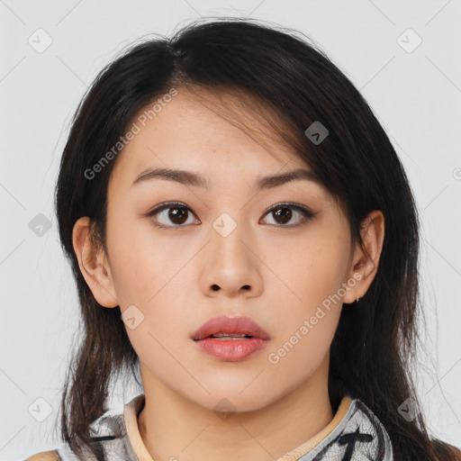 Neutral asian young-adult female with medium  brown hair and brown eyes