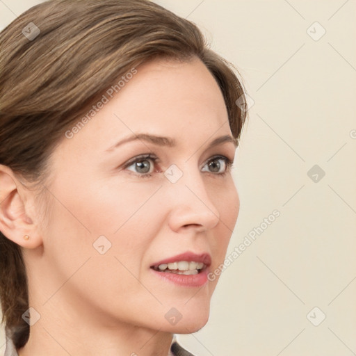 Neutral white young-adult female with medium  brown hair and grey eyes