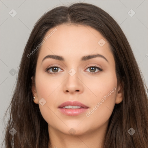 Neutral white young-adult female with long  brown hair and brown eyes