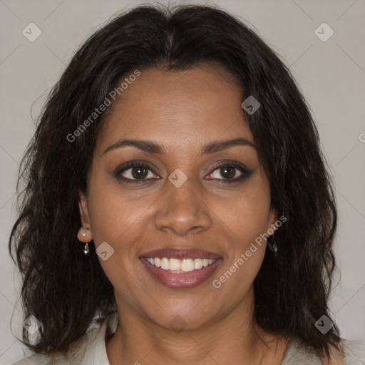 Joyful black young-adult female with medium  brown hair and brown eyes