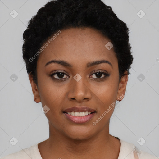 Joyful latino young-adult female with short  black hair and brown eyes