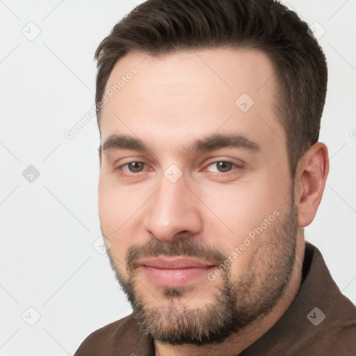 Neutral white young-adult male with short  brown hair and brown eyes