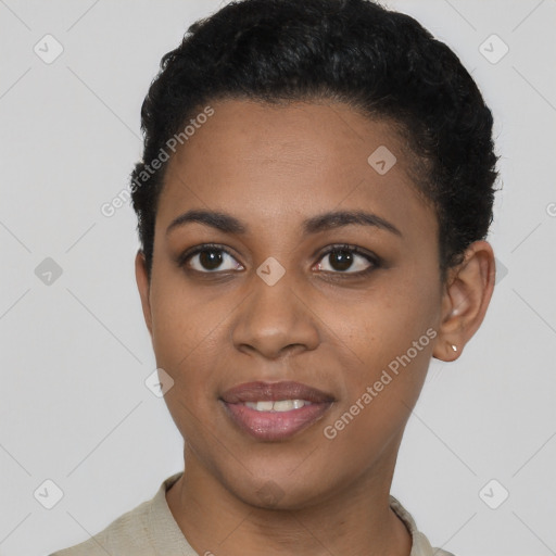 Joyful black young-adult female with short  black hair and brown eyes