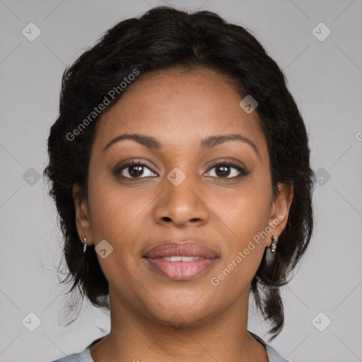 Joyful black young-adult female with medium  brown hair and brown eyes