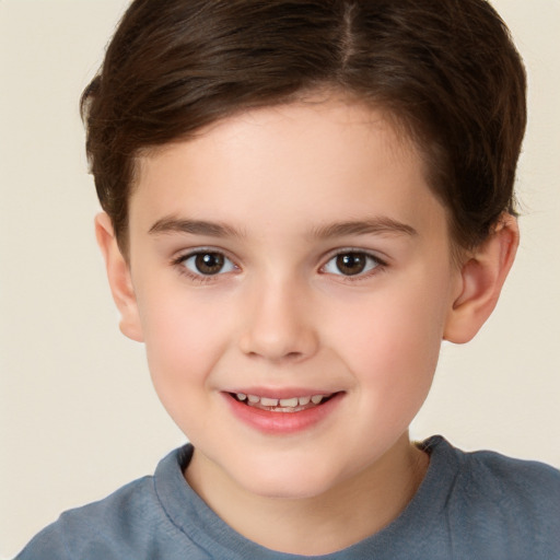 Joyful white child female with short  brown hair and brown eyes