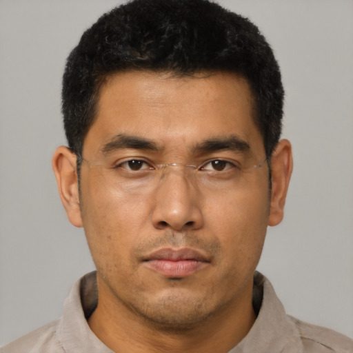 Neutral asian young-adult male with short  black hair and brown eyes