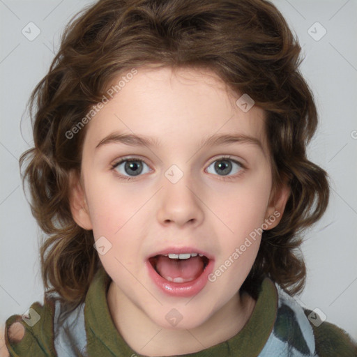 Joyful white child female with medium  brown hair and brown eyes