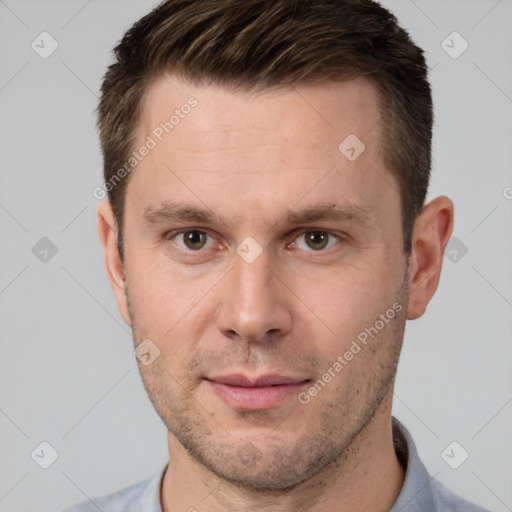 Neutral white adult male with short  brown hair and brown eyes