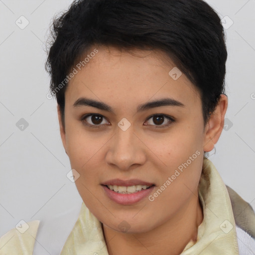 Joyful latino young-adult female with short  brown hair and brown eyes