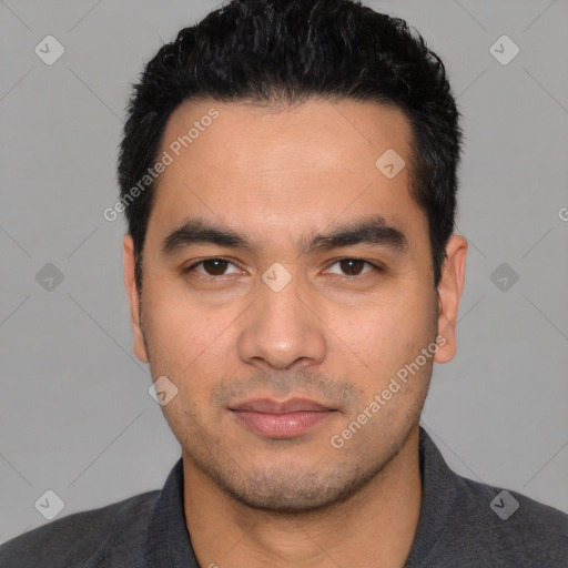 Neutral white young-adult male with short  black hair and brown eyes