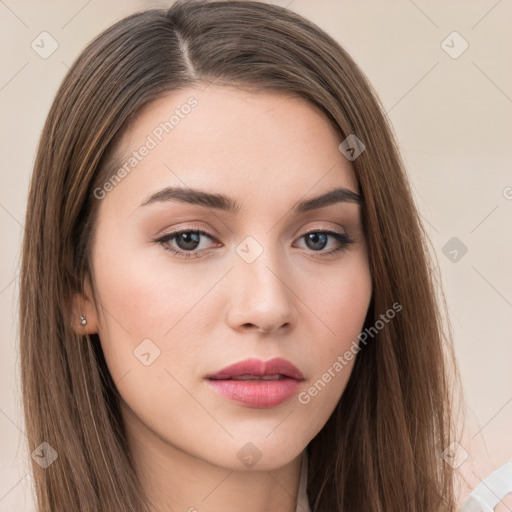 Neutral white young-adult female with long  brown hair and brown eyes