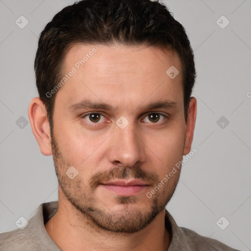 Neutral white young-adult male with short  brown hair and brown eyes