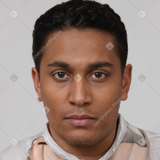 Neutral latino young-adult male with short  black hair and brown eyes