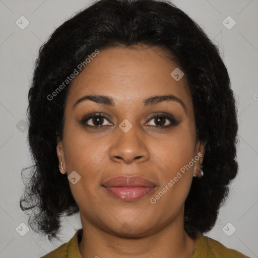 Joyful black young-adult female with medium  brown hair and brown eyes