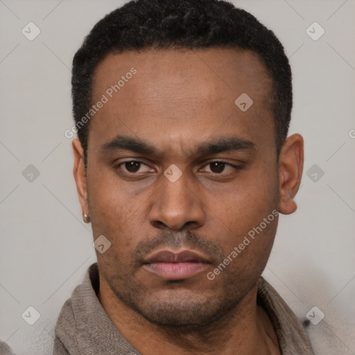 Neutral latino young-adult male with short  black hair and brown eyes