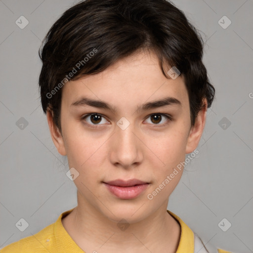 Neutral white young-adult female with medium  brown hair and brown eyes