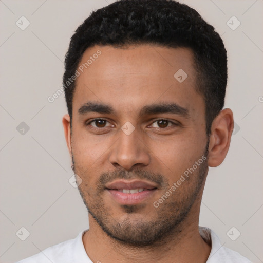 Neutral latino young-adult male with short  black hair and brown eyes