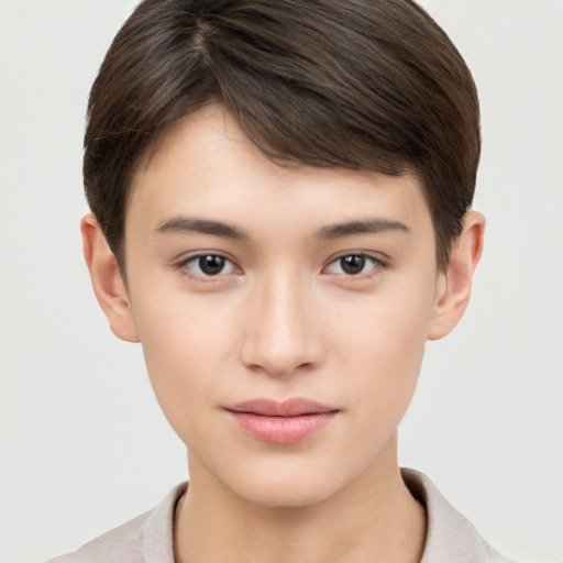 Neutral white young-adult female with short  brown hair and brown eyes