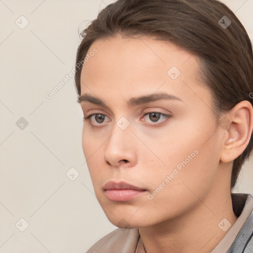 Neutral white young-adult female with short  brown hair and brown eyes