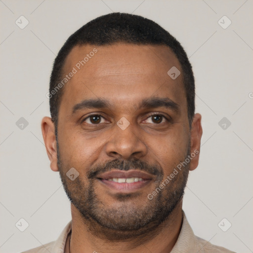 Neutral latino young-adult male with short  brown hair and brown eyes
