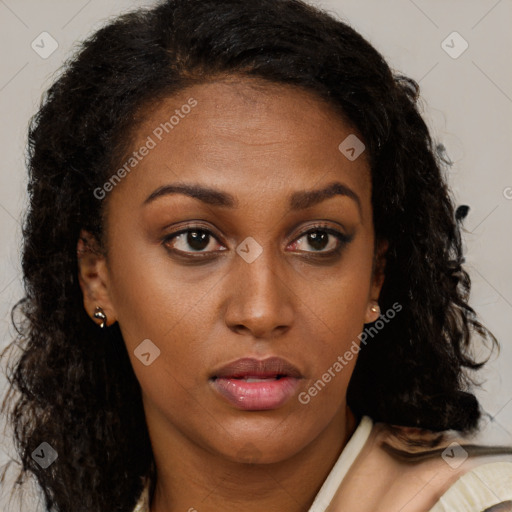 Neutral black young-adult female with long  brown hair and brown eyes