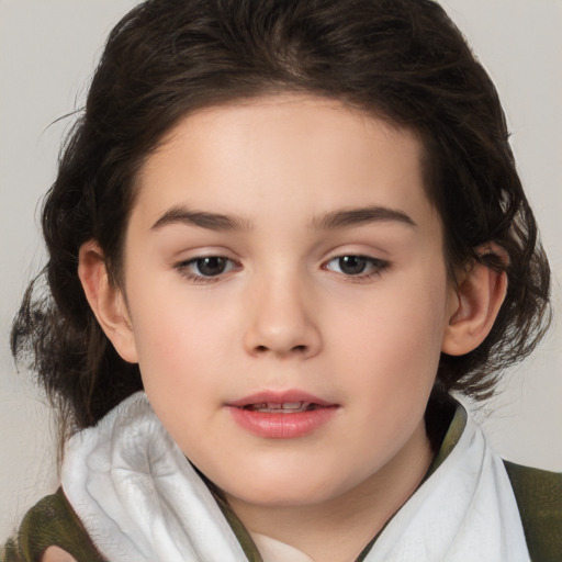 Joyful white child female with medium  brown hair and brown eyes