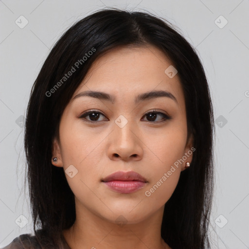 Neutral asian young-adult female with medium  brown hair and brown eyes