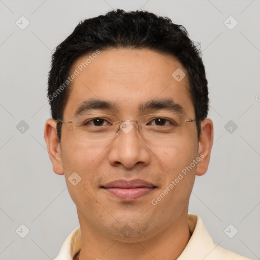Joyful latino adult male with short  black hair and brown eyes
