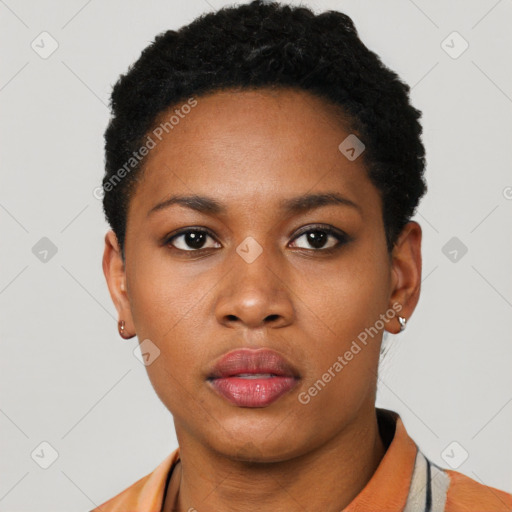 Neutral black young-adult female with short  black hair and brown eyes