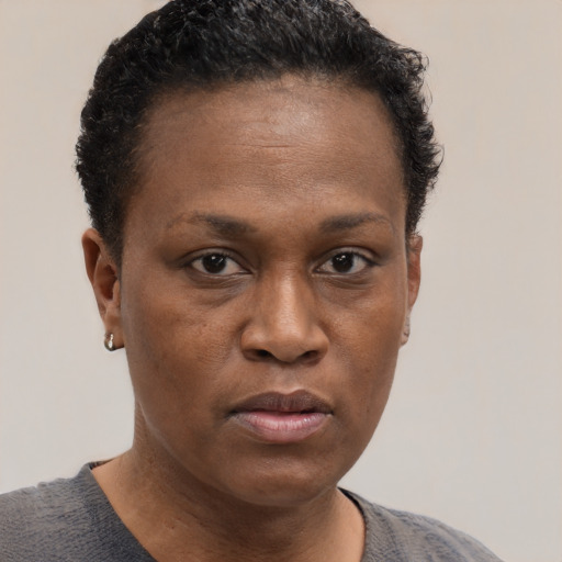 Neutral black young-adult female with short  brown hair and brown eyes